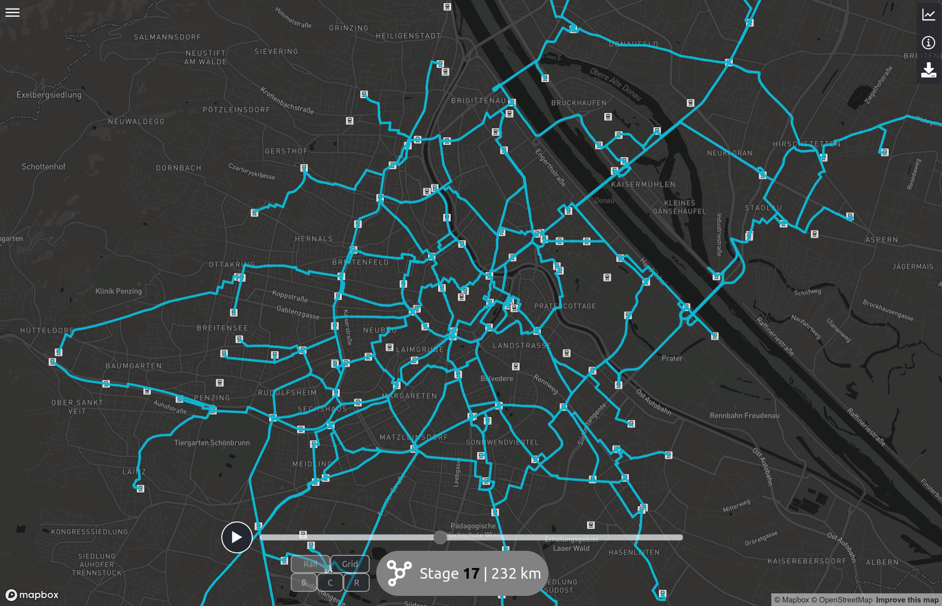 Screenshot of the application, showing a map of Vienna with an overlay of potential bicycle routes.