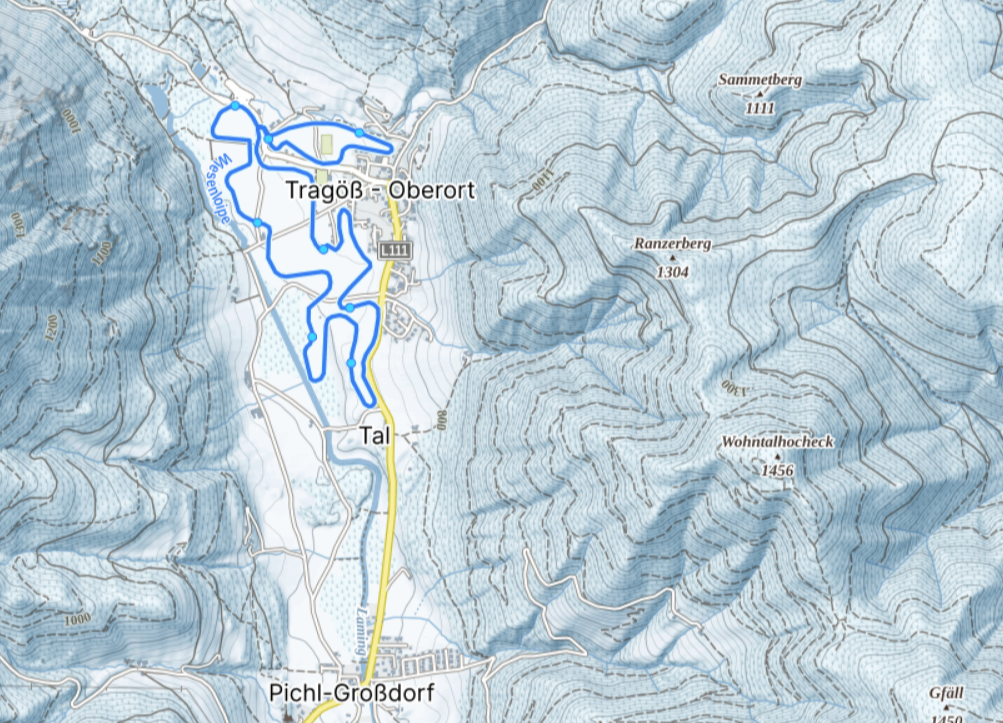 Screenshot of the Winter rendering, showing a mountainous region with a cross-country skiing piste.