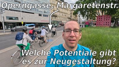Foto von mir im Esperantopark am Karlsplatz, links Radweg, rechts Wiese. Text: "Radroute Operngasse, Margaretenstr.", "Welche Potentiale gibt es zur Neugestaltung?"