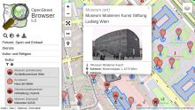 Screenshot of OpenStreetBrowser, showing a popup with the modern art museum in Vienna.