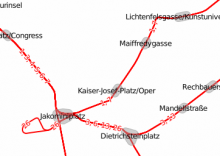 An image of the Graz tramway network, rendered with pgmapcss