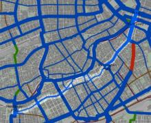 Plandarstellung des Wiener Hauptradverkehrsnetzes. Die untersuchte Strecke ist hervorgehoben und die wichtigsten Orte (Meidlinger Platz, Gürtel, Margaretenplatz, Karlsplatz, Oper) beschriftet. Quelle: MA18, Stadt Wien.