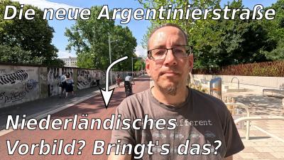 Im Hintergrund die Argentinierstraße mit Fußgehys und Radfahrys. Im Vordergrund mein Bild, wie ich die Einleitung spreche. Text: "Die neue Argentinierstraße - Niederländisches Vorbild? Bringt's das?"